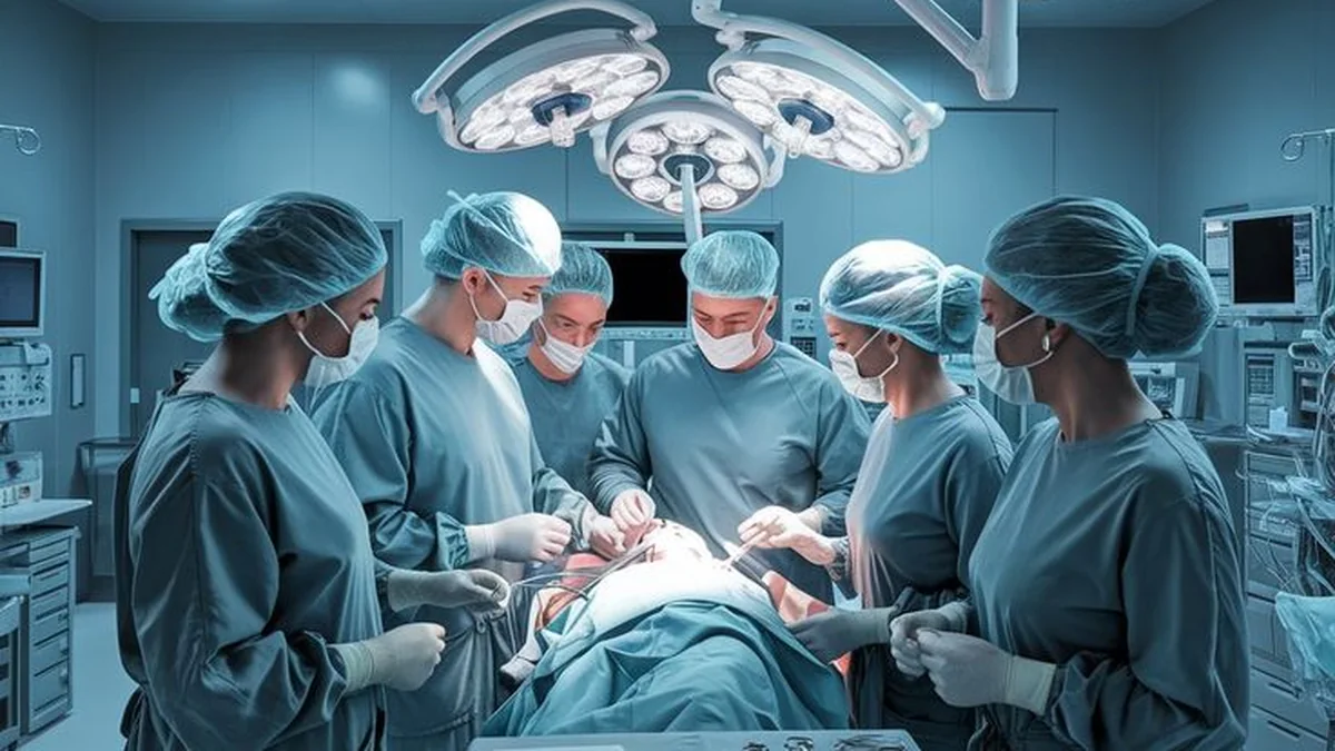 Surgical team around the table with the instrument tray laid out