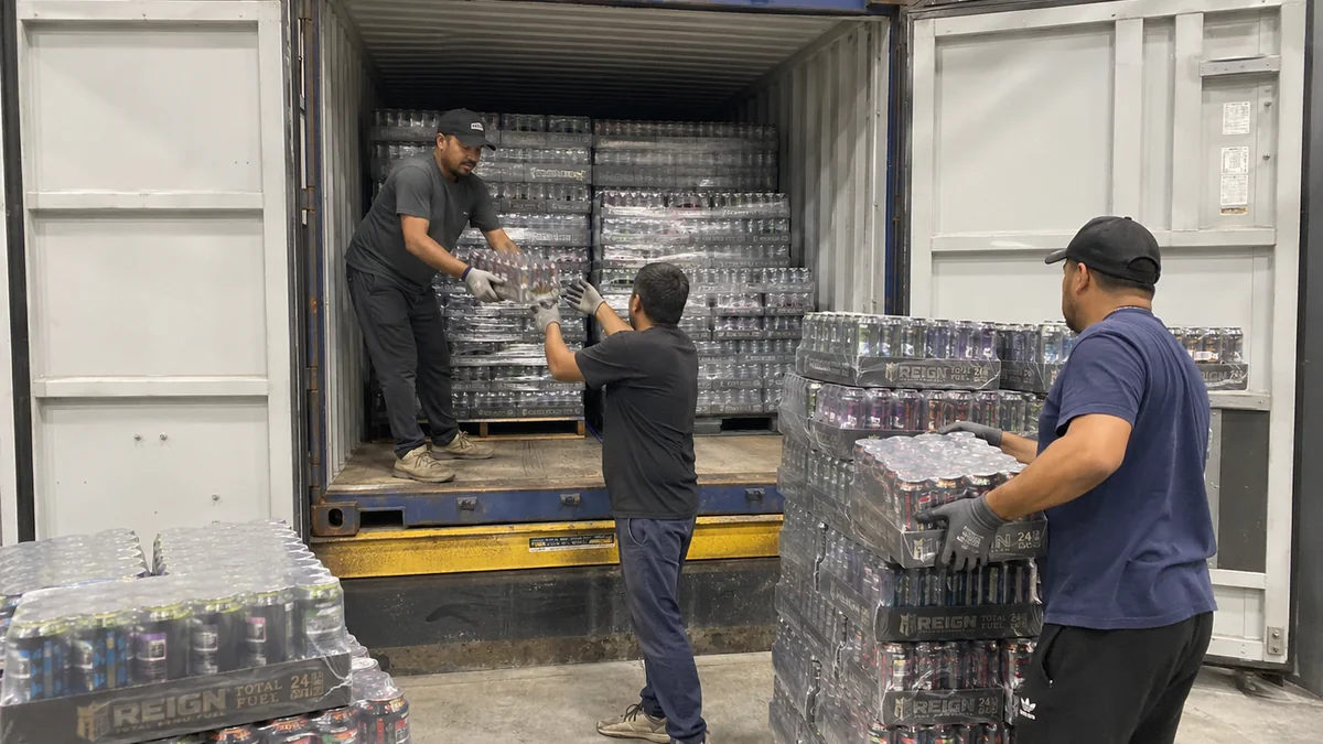 Unloading packs of drinks from a shipping container by hand