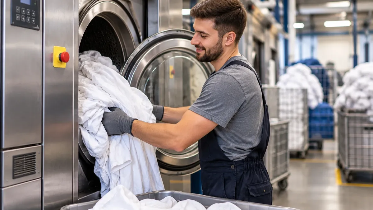 Worker loading laundry into an industrial washing machine