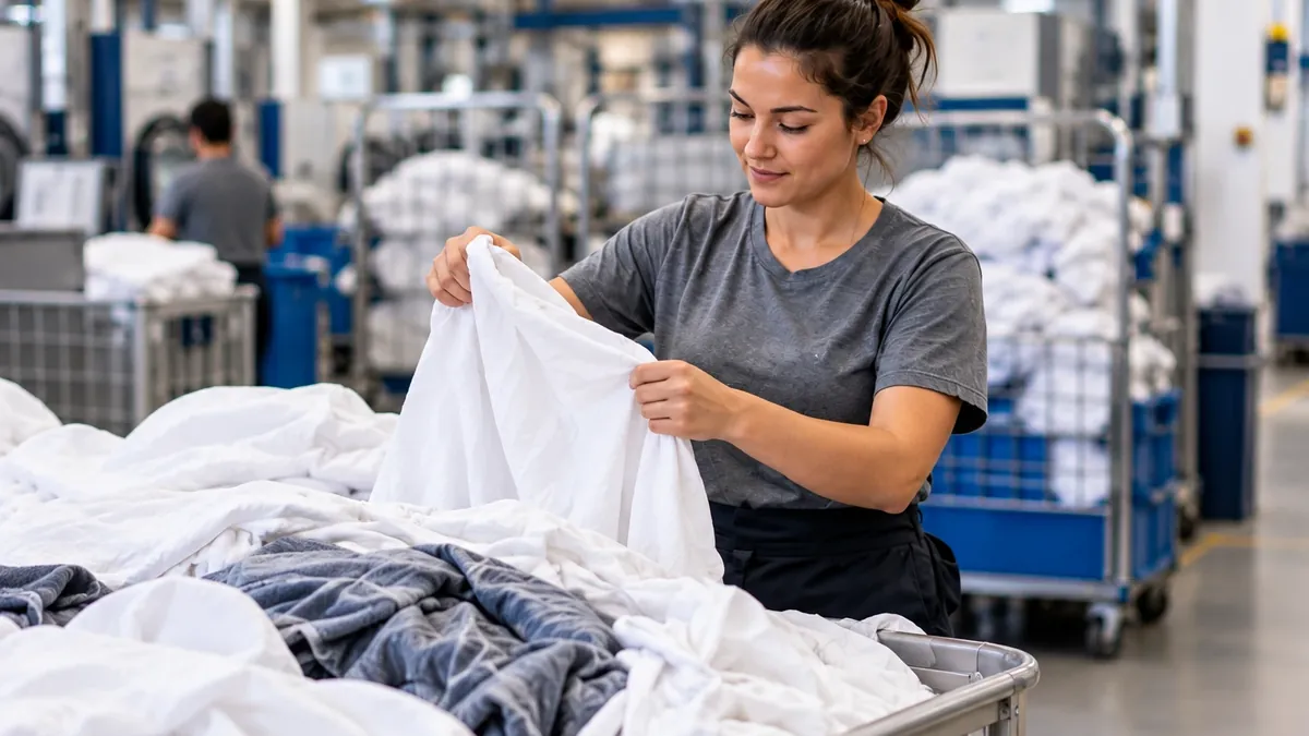 Worker sorting white bed linen in an industrial laundry hall