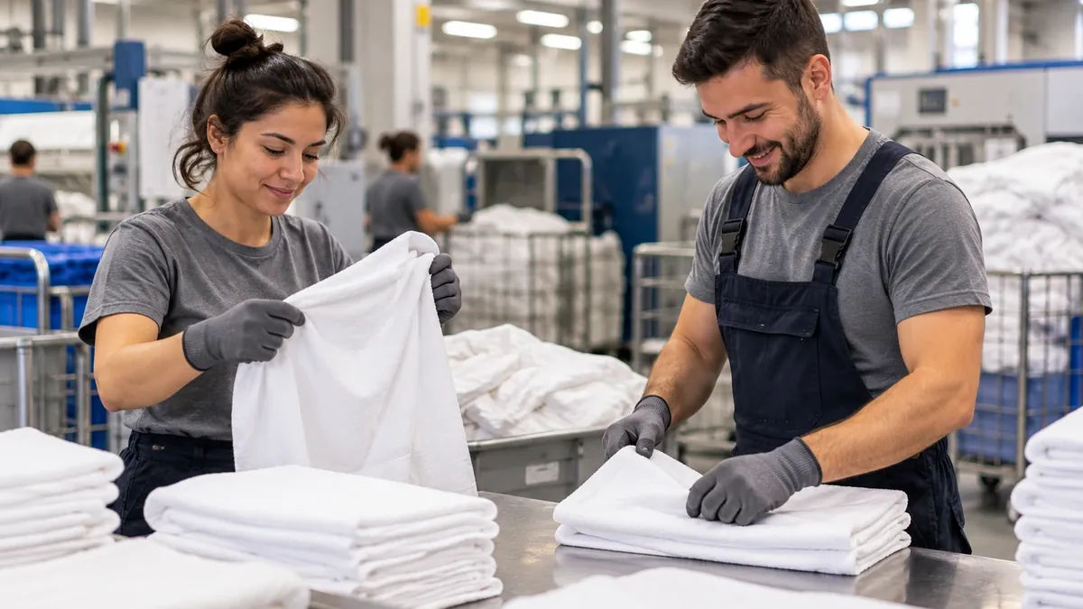 Two workers folding and stacking towels at a laundry table