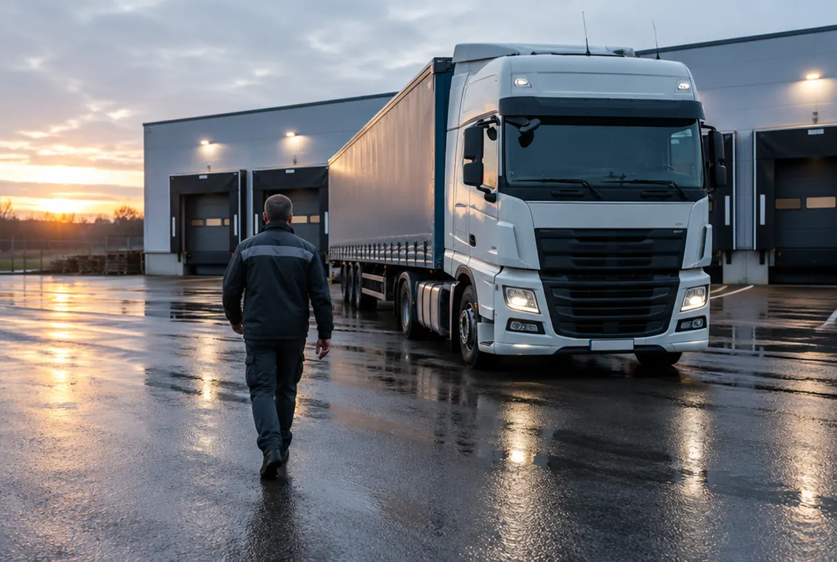 Fahrer geht im Morgengrauen zu einem Sattelzug auf einem Logistikhof