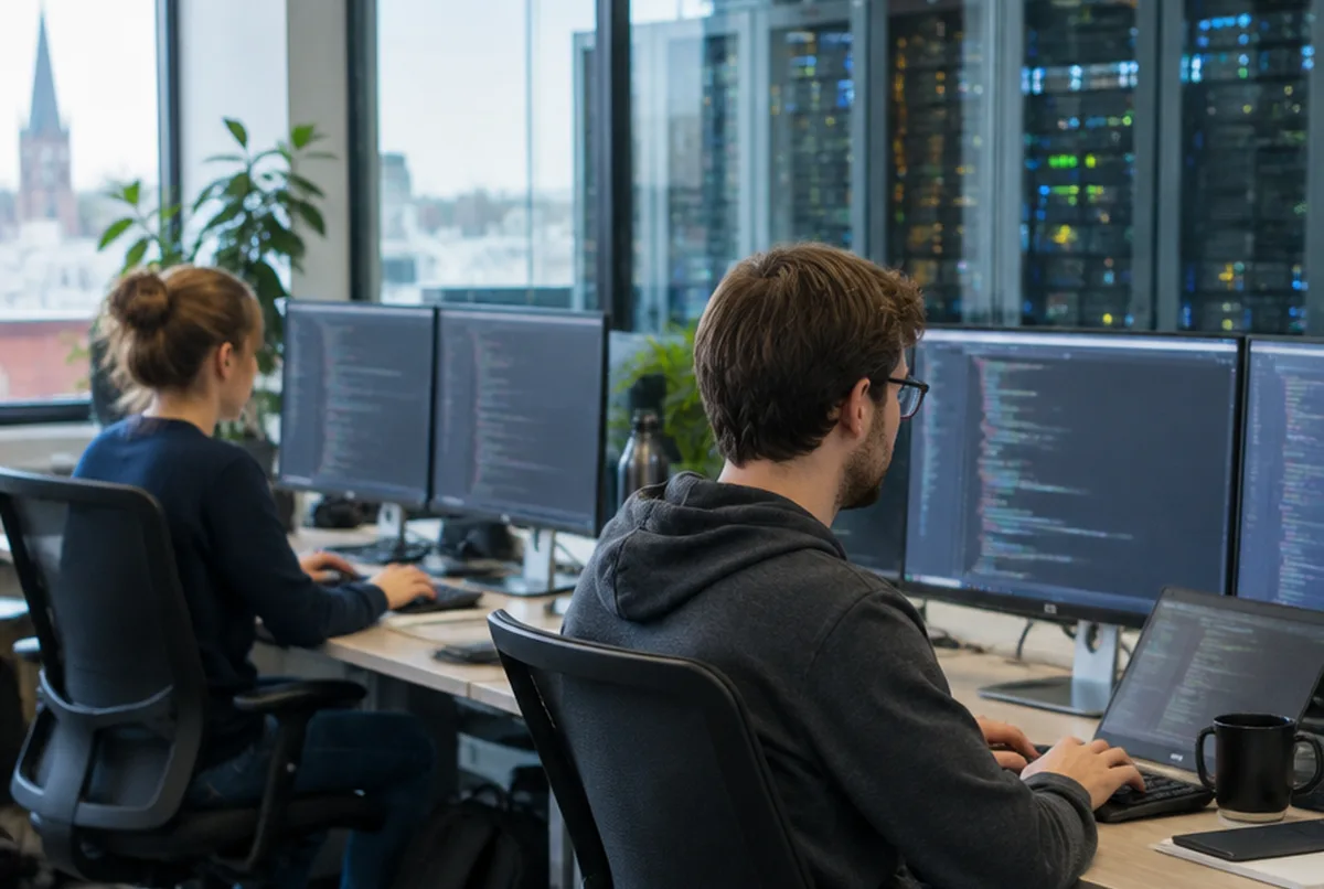 IT-Fachkraft arbeitet konzentriert an zwei Bildschirmen
