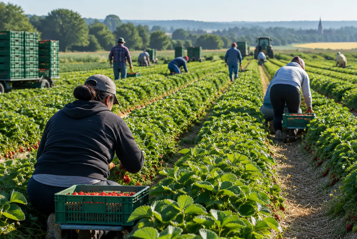 Erntehelfer pflücken Erdbeeren auf einem Feld am Morgen