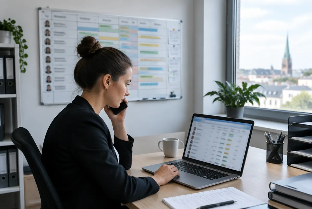 Recruiterin telefoniert am Schreibtisch vor einer Schichtplanungstafel