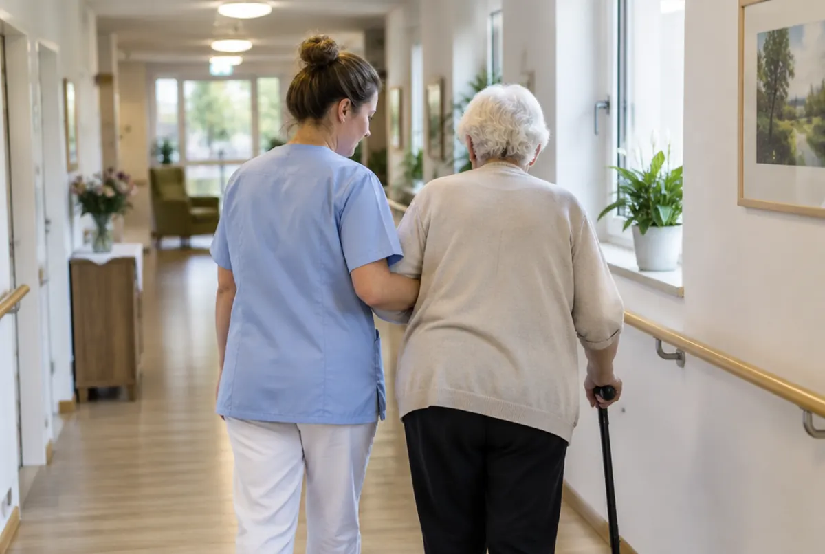 Caregiver walking with an elderly resident along a care home corridor