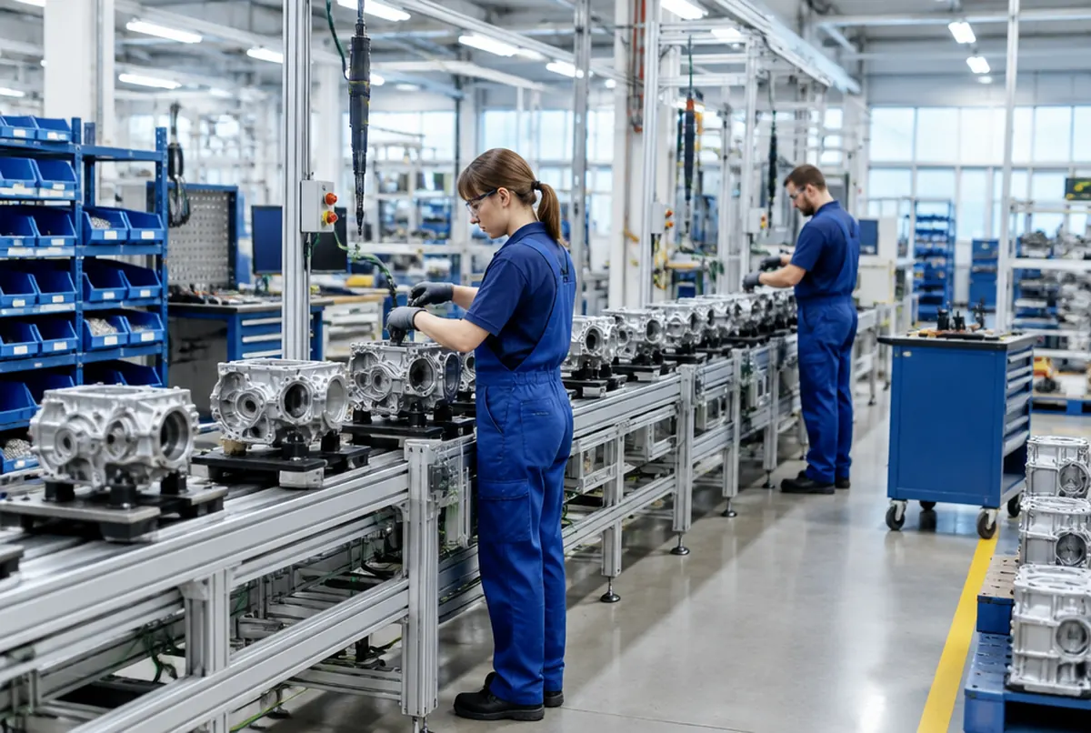 Werkshalle mit Produktionslinie und zwei Mitarbeitern bei der Montage