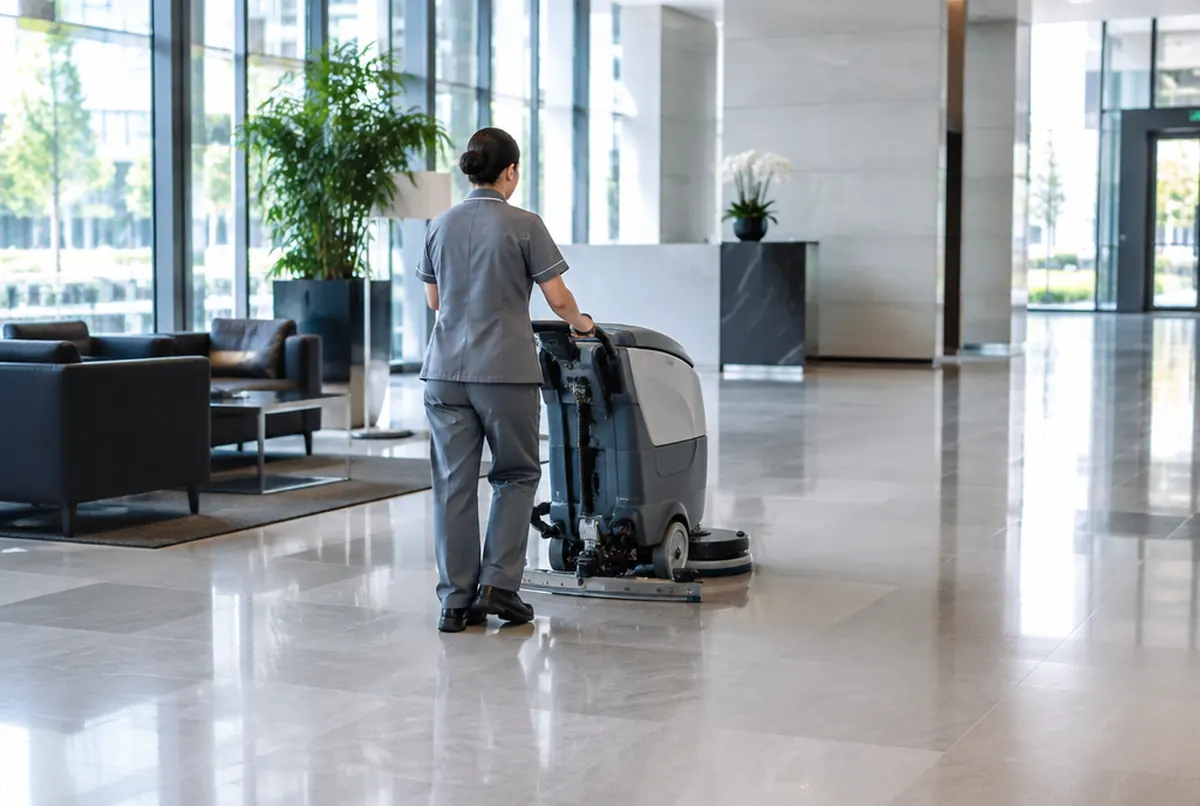 Reinigungskraft mit Scheuersaugmaschine in einer hellen Büro-Lobby