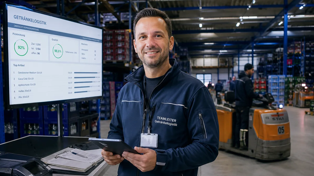 Shift supervisor reviewing a live picking dashboard on the warehouse floor